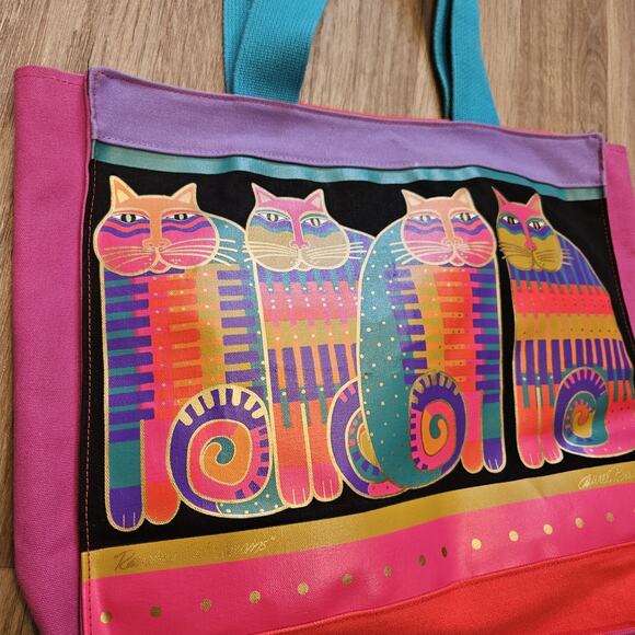 Laurel Burch Colorful Cat Oversized Tote Bag Multicolor Vtg Artsy Eclectic - Picture 2 of 13